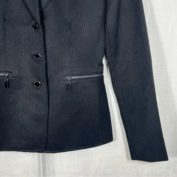 Tahari ASL Black Shadow Striped Button Front Zipper Pocket Blazer Jacket SZ 0P - Picture 3 of 7